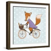 Cute Fox Riding on a Bicycle .Bicycle Basket with Food and Flowers. Kids Illustration Vector-Maria Sem-Framed Art Print