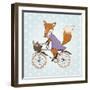 Cute Fox Riding on a Bicycle .Bicycle Basket with Food and Flowers. Kids Illustration Vector-Maria Sem-Framed Art Print