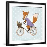 Cute Fox Riding on a Bicycle .Bicycle Basket with Food and Flowers. Kids Illustration Vector-Maria Sem-Framed Art Print