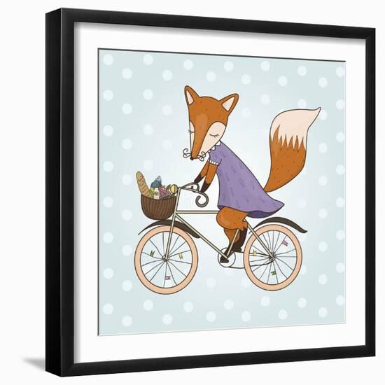 Cute Fox Riding on a Bicycle .Bicycle Basket with Food and Flowers. Kids Illustration Vector-Maria Sem-Framed Art Print