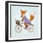 Cute Fox Riding on a Bicycle .Bicycle Basket with Food and Flowers. Kids Illustration Vector-Maria Sem-Framed Art Print