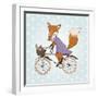 Cute Fox Riding on a Bicycle .Bicycle Basket with Food and Flowers. Kids Illustration Vector-Maria Sem-Framed Art Print