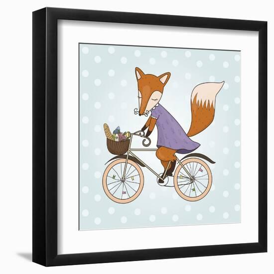 Cute Fox Riding on a Bicycle .Bicycle Basket with Food and Flowers. Kids Illustration Vector-Maria Sem-Framed Art Print