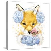Cute Fox T-Shirt Graphics, Fox and Mouse Illustration with Splash Watercolor Textured Background. I-Faenkova Elena-Stretched Canvas