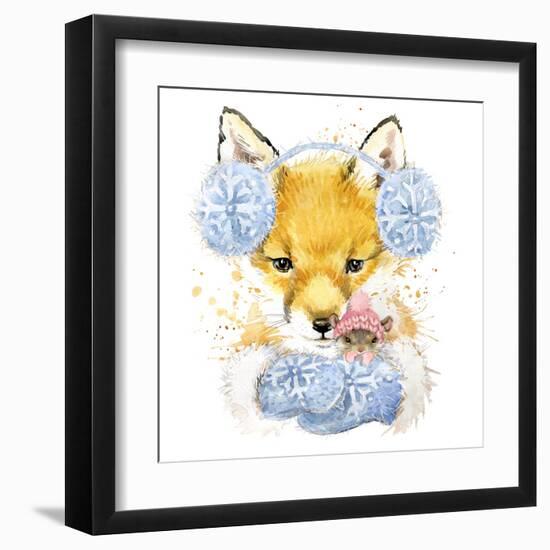 Cute Fox T-Shirt Graphics, Fox and Mouse Illustration with Splash Watercolor Textured Background. I-Faenkova Elena-Framed Art Print