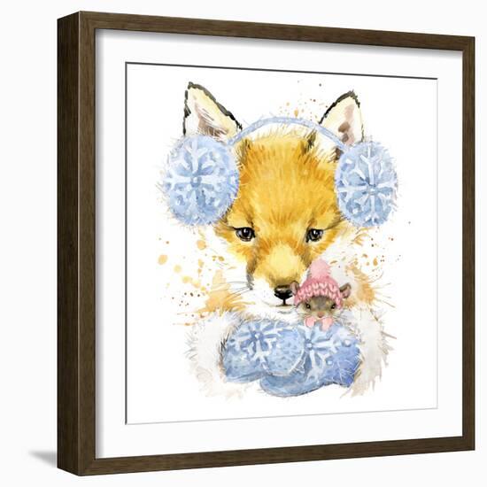 Cute Fox T-Shirt Graphics, Fox and Mouse Illustration with Splash Watercolor Textured Background. I-Faenkova Elena-Framed Art Print