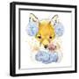 Cute Fox T-Shirt Graphics, Fox and Mouse Illustration with Splash Watercolor Textured Background. I-Faenkova Elena-Framed Art Print