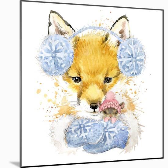 Cute Fox T-Shirt Graphics, Fox and Mouse Illustration with Splash Watercolor Textured Background. I-Faenkova Elena-Mounted Art Print