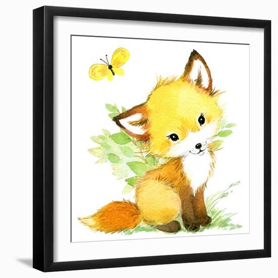 Cute Fox. Watercolor Forest Animal Illustration.-Faenkova Elena-Framed Art Print