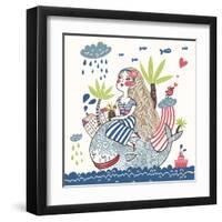 Cute Girl on a Whale in Cartoon Style-smilewithjul-Framed Art Print