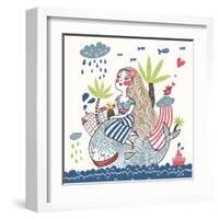 Cute Girl on a Whale in Cartoon Style-smilewithjul-Framed Art Print