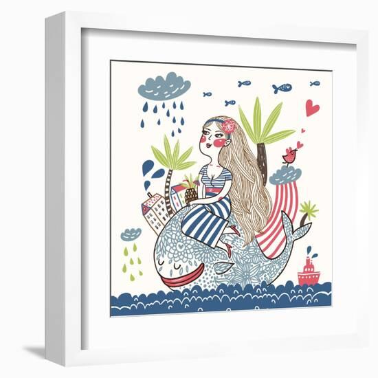 Cute Girl on a Whale in Cartoon Style-smilewithjul-Framed Art Print