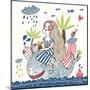 Cute Girl on a Whale in Cartoon Style-smilewithjul-Mounted Art Print