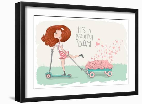 Cute Girl Vector/T-Shirt Print/Book Illustrations for Children/Romantic Hand Drawing Poster/Cartoon-StudioLondon-Framed Art Print