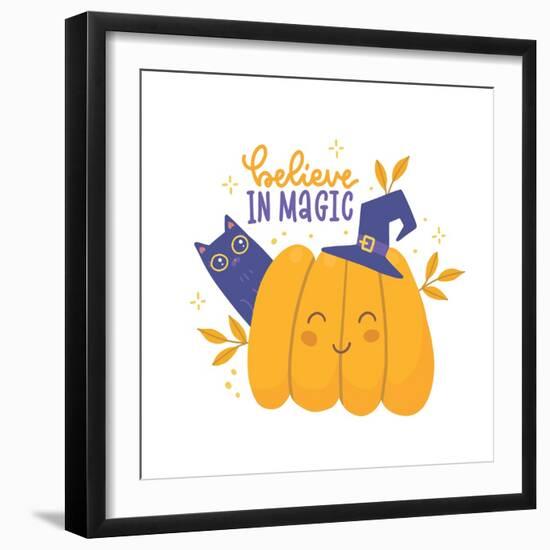 Cute Halloween Image with the Inscription - Believe in Magic and Lovely Pumpkin in Witch Hat and Sp-Svetlana Shamshurina-Framed Photographic Print