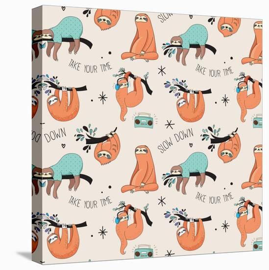 Cute Hand Drawn Sloths, Funny Vector Cute Hand Drawn Sloths Illustrations, Seamless Pattern-Marish-Stretched Canvas