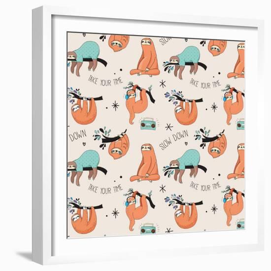 Cute Hand Drawn Sloths, Funny Vector Cute Hand Drawn Sloths Illustrations, Seamless Pattern-Marish-Framed Premium Giclee Print