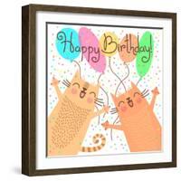 Cute Happy Birthday with Funny Kittens-Baksiabat-Framed Art Print