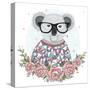 Cute Hipster Koala with Glasses and Flower Frame.-cherry blossom girl-Stretched Canvas