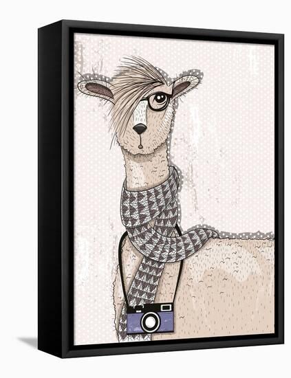 Cute Hipster Lama with Photo Camera, Glasses and Scarf-cherry blossom girl-Framed Stretched Canvas