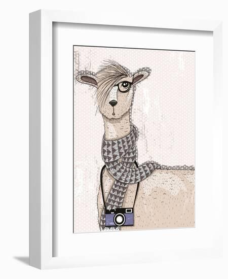 Cute Hipster Lama with Photo Camera, Glasses and Scarf-cherry blossom girl-Framed Art Print