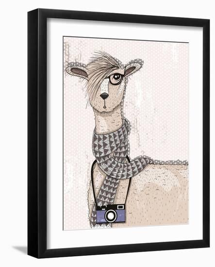 Cute Hipster Lama with Photo Camera, Glasses and Scarf-cherry blossom girl-Framed Art Print