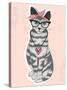 Cute Hipster Rockabilly Cat with Head Scarf, Glasses and Necklace-cherry blossom girl-Stretched Canvas