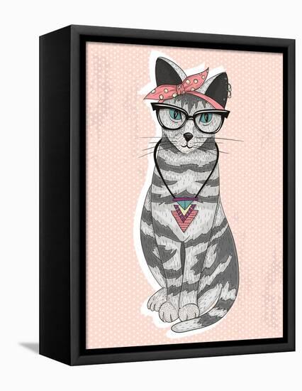 Cute Hipster Rockabilly Cat with Head Scarf, Glasses and Necklace-cherry blossom girl-Framed Stretched Canvas