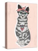 Cute Hipster Rockabilly Cat with Head Scarf, Glasses and Necklace-cherry blossom girl-Stretched Canvas