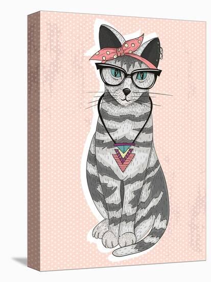 Cute Hipster Rockabilly Cat with Head Scarf, Glasses and Necklace-cherry blossom girl-Stretched Canvas