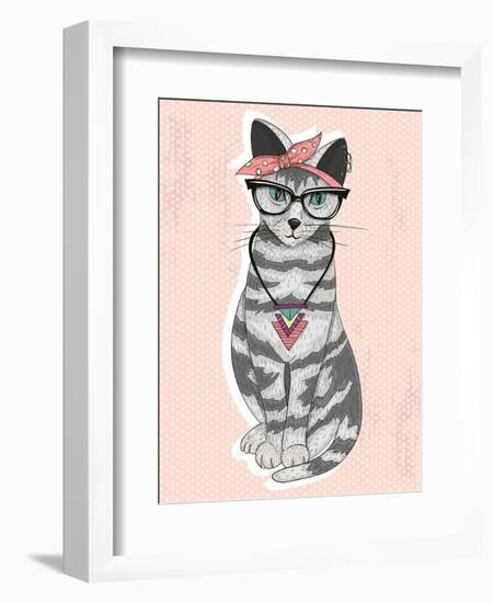 Cute Hipster Rockabilly Cat with Head Scarf, Glasses and Necklace-cherry blossom girl-Framed Art Print