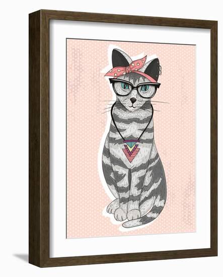 Cute Hipster Rockabilly Cat with Head Scarf, Glasses and Necklace-cherry blossom girl-Framed Art Print