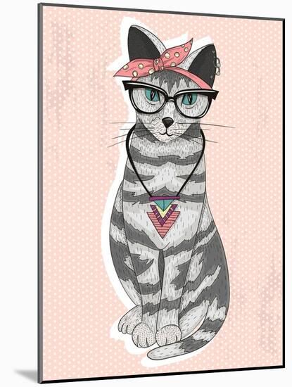 Cute Hipster Rockabilly Cat with Head Scarf, Glasses and Necklace-cherry blossom girl-Mounted Art Print
