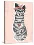 Cute Hipster Rockabilly Cat with Head Scarf, Glasses and Necklace-cherry blossom girl-Stretched Canvas