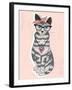 Cute Hipster Rockabilly Cat with Head Scarf, Glasses and Necklace-cherry blossom girl-Framed Art Print