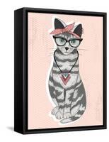 Cute Hipster Rockabilly Cat with Head Scarf, Glasses and Necklace-cherry blossom girl-Framed Stretched Canvas