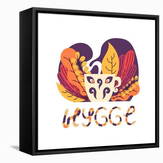 Cute Hygge Illustration with a Cup of Hot Beverage, Autumn Leaves and Lettering. White Background.-nefedova_da-Framed Stretched Canvas