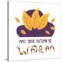 Cute Hygge Illustration with Yellow Autumn Leaves, Lettering and Violet Blob. White Background. Fla-nefedova_da-Stretched Canvas