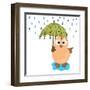 Cute Illustration of an Owl under Umbrella in Raining Season.-aispl-Framed Art Print