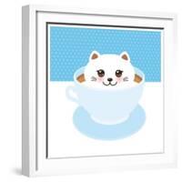 Cute Kawai Cat in Blue Cup of Froth Art Coffee, Coffee Art Isolated on White Background. Latte Art-EkaterinaP-Framed Art Print