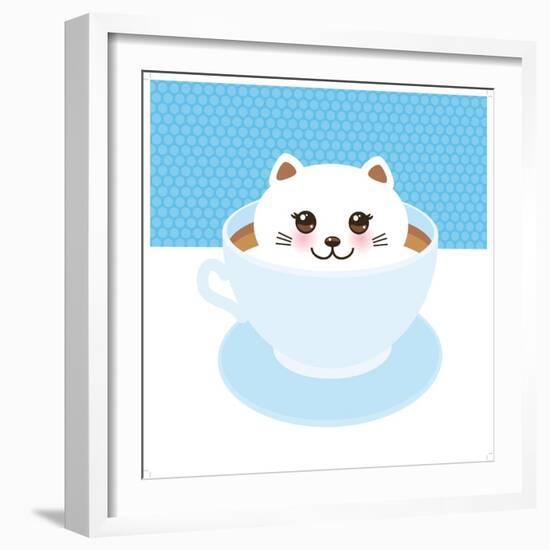 Cute Kawai Cat in Blue Cup of Froth Art Coffee, Coffee Art Isolated on White Background. Latte Art-EkaterinaP-Framed Art Print