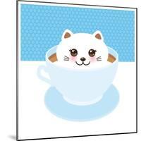 Cute Kawai Cat in Blue Cup of Froth Art Coffee, Coffee Art Isolated on White Background. Latte Art-EkaterinaP-Mounted Art Print