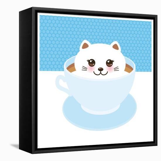 Cute Kawai Cat in Blue Cup of Froth Art Coffee, Coffee Art Isolated on White Background. Latte Art-EkaterinaP-Framed Stretched Canvas