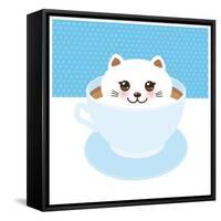 Cute Kawai Cat in Blue Cup of Froth Art Coffee, Coffee Art Isolated on White Background. Latte Art-EkaterinaP-Framed Stretched Canvas