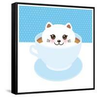 Cute Kawai Cat in Blue Cup of Froth Art Coffee, Coffee Art Isolated on White Background. Latte Art-EkaterinaP-Framed Stretched Canvas