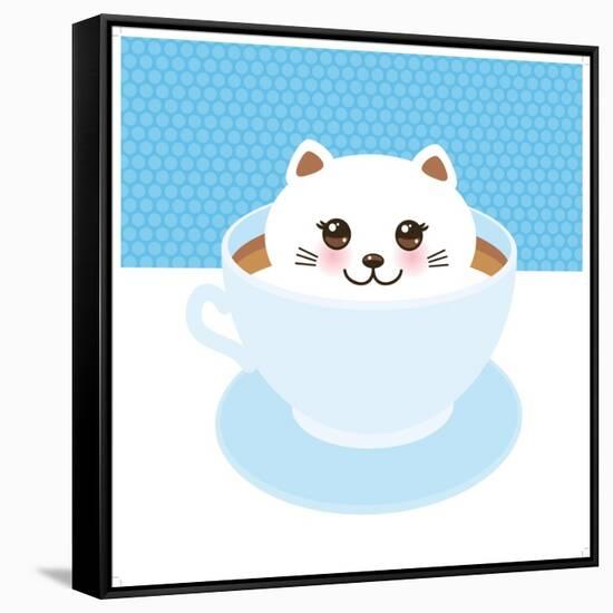 Cute Kawai Cat in Blue Cup of Froth Art Coffee, Coffee Art Isolated on White Background. Latte Art-EkaterinaP-Framed Stretched Canvas