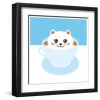 Cute Kawai Cat in Blue Cup of Froth Art Coffee, Coffee Art Isolated on White Background. Latte Art-EkaterinaP-Framed Art Print