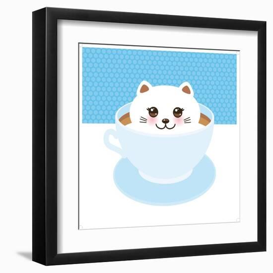 Cute Kawai Cat in Blue Cup of Froth Art Coffee, Coffee Art Isolated on White Background. Latte Art-EkaterinaP-Framed Art Print