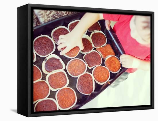 Cute Kid Helping in Making Cupcake with Shallow Depth of Field-zurijeta-Framed Stretched Canvas