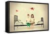 Cute Kids Sitting Together on the Bed and Reading Fairy Tales. Dream World.-prometeus-Framed Stretched Canvas